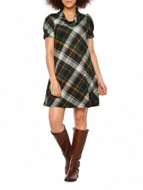 Jessica Howard Plaid Cowl Neck Shift Dress Green NWT M